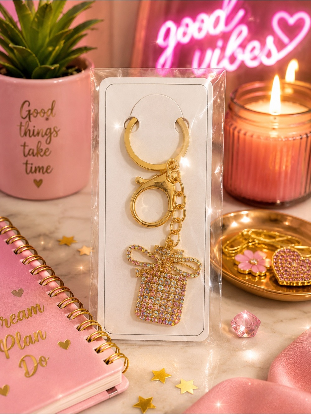 Gold tone Gift Bag Keychain with multi-color rhinestones
